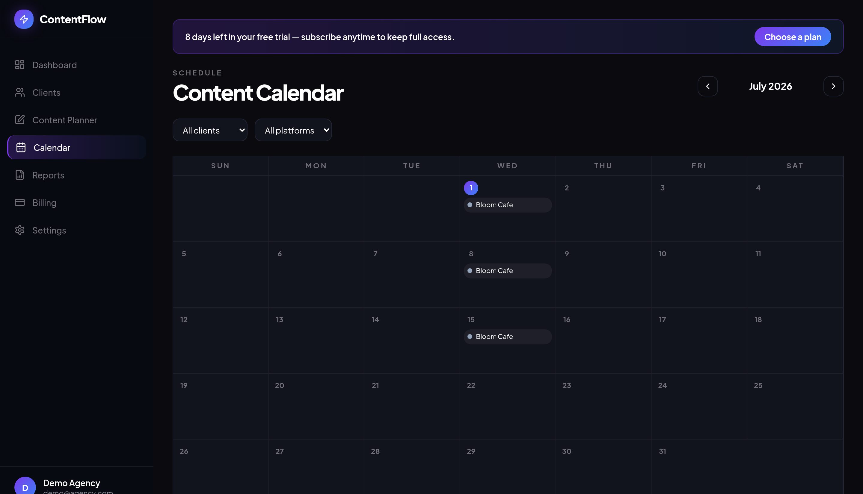 ContentFlow AI Content Calendar screen