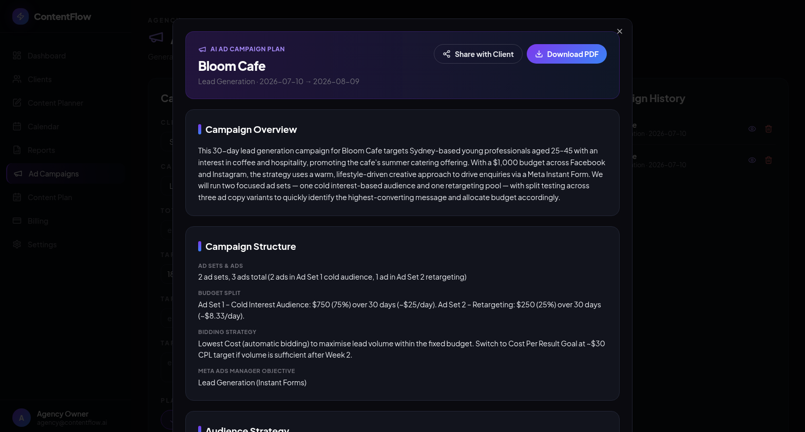 ContentFlow AI AI Ad Campaign Planner screen