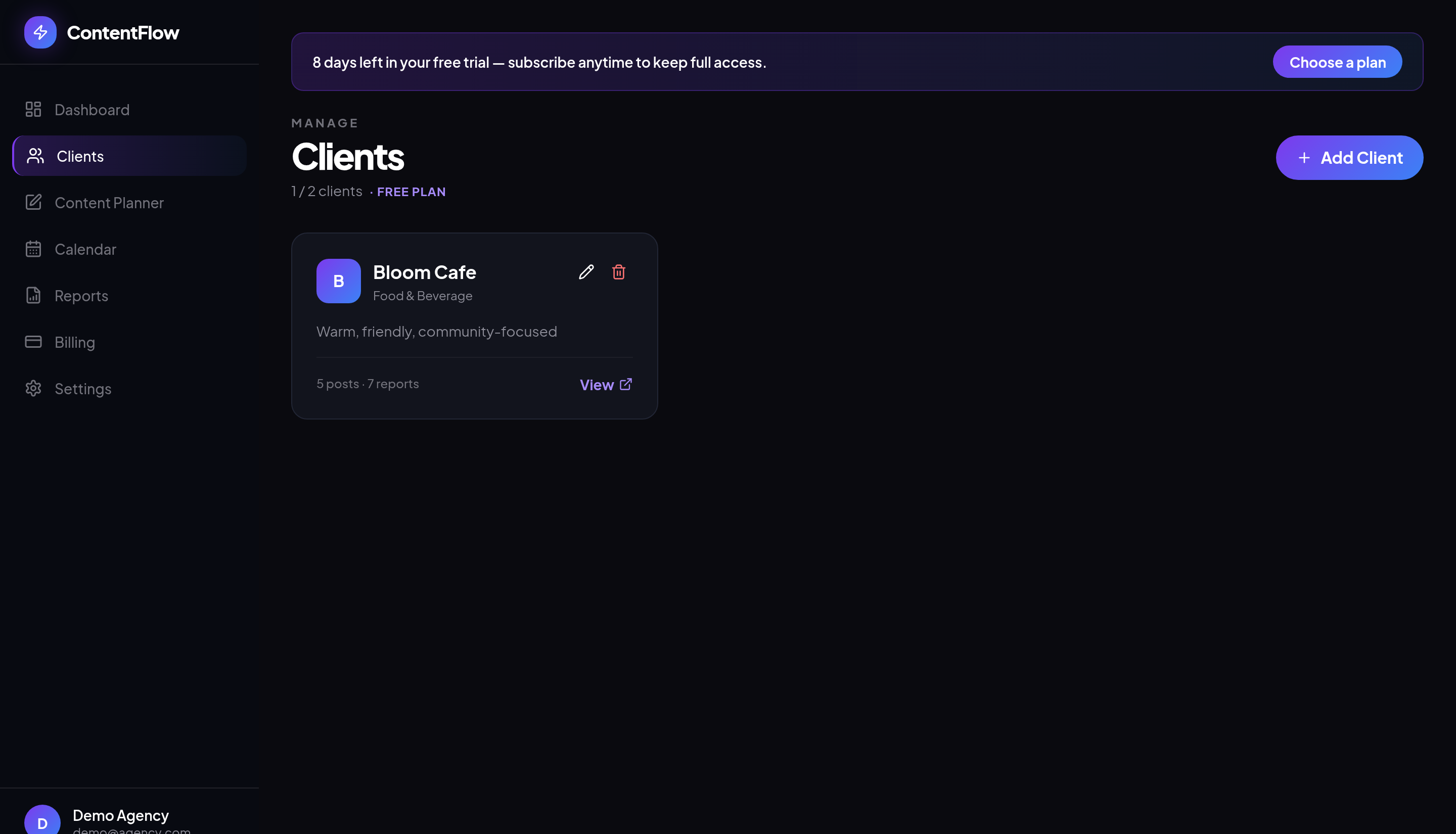 ContentFlow AI Clients screen