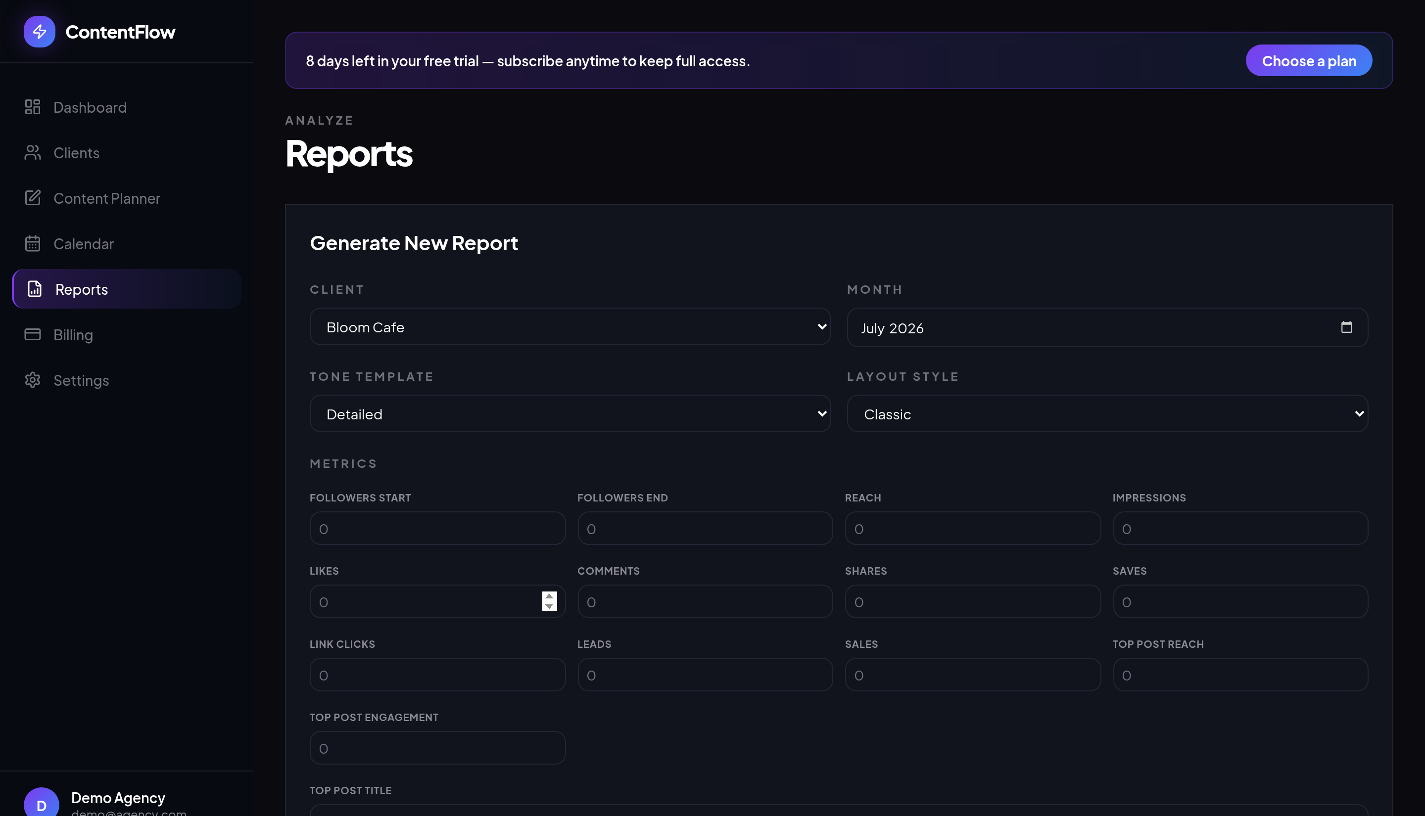 ContentFlow AI Monthly Report screen